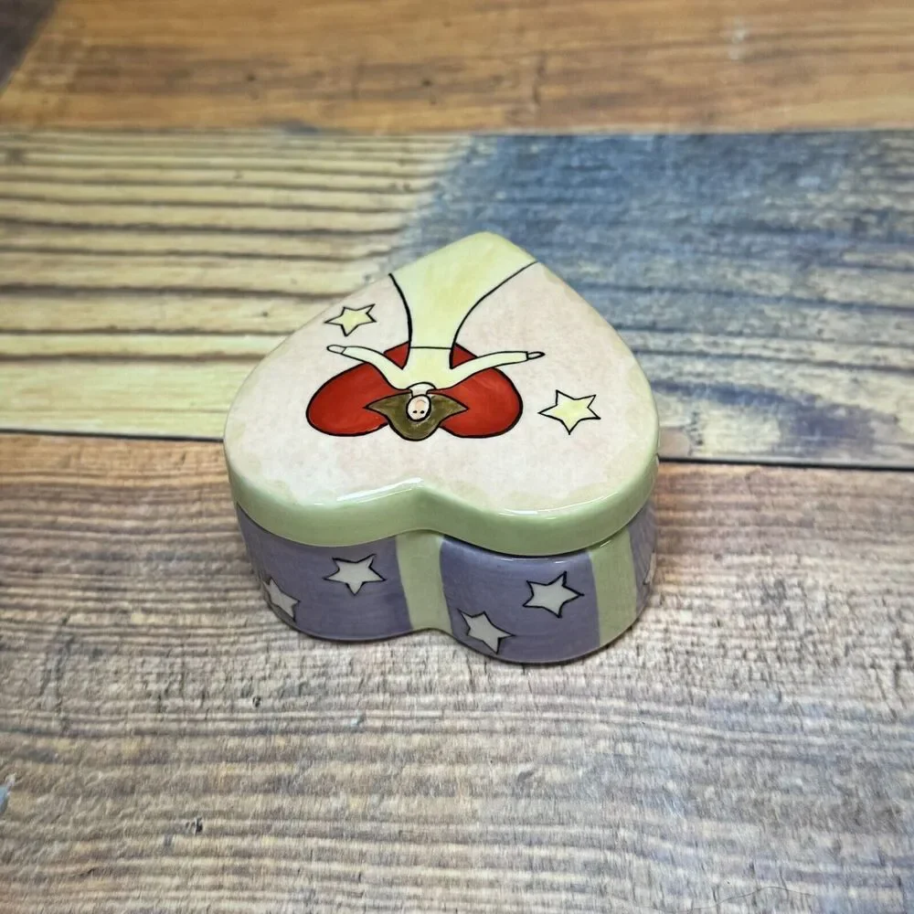 Russ Berrie Angel Painted Heart Shaped Ceramic‎ Trinket Jewelry Box Harmony